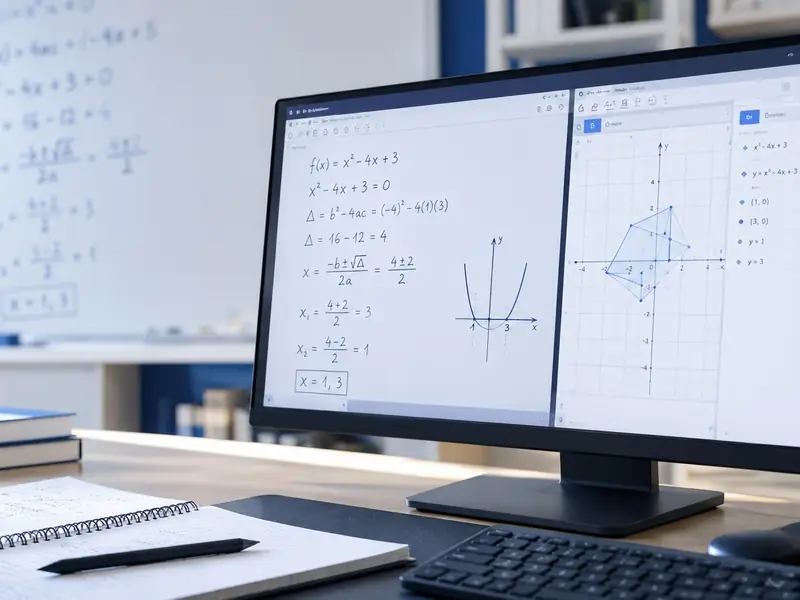 A desk set up for an online maths lesson: a quadratic worked on the whiteboard and graphed on screen