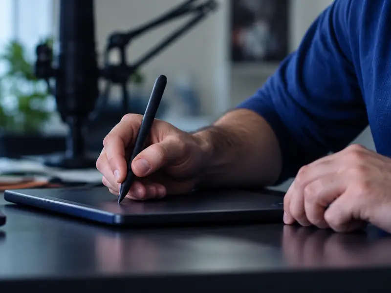 A teacher writes on a graphics tablet during an online lesson
