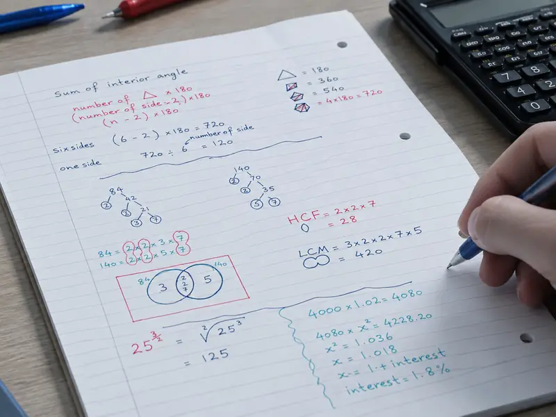 A page of working on HCF, LCM and compound interest, with a calculator beside it
